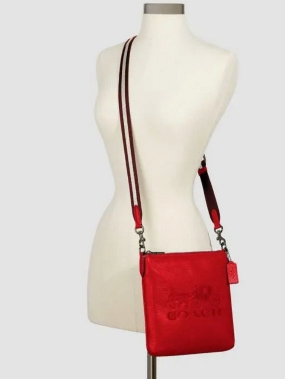 Coach Bright Red Crossbody with Striped Adjustable Strap